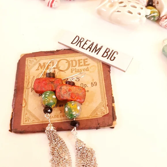 Blue Honey Jewelry Pottery Tassel Earrings  NWT - Picture 3 of 6